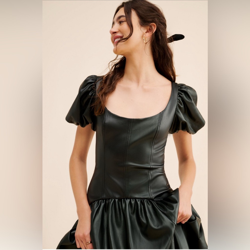 Anthropologie Hutch Black faux vegan leather drop waist Puff Sleeve Midi Dress - Picture 3 of 9